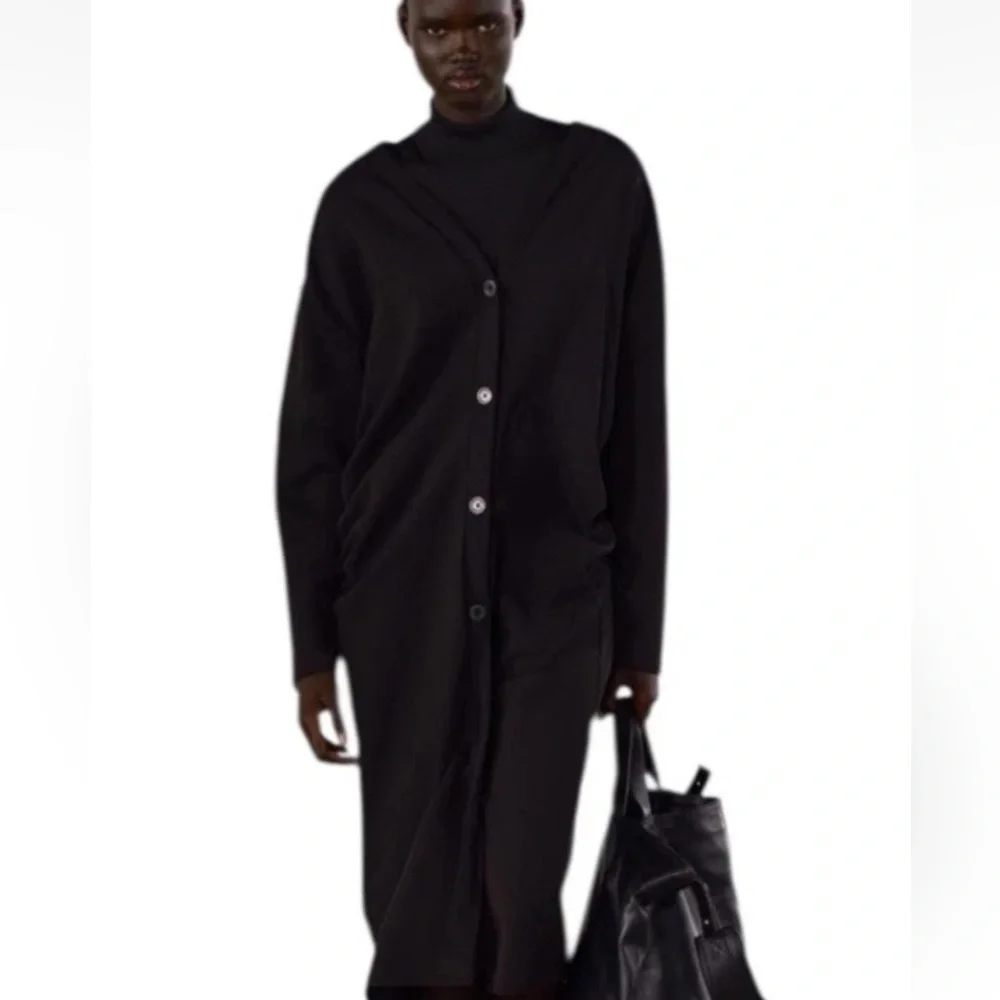 ZARA LONG RUCHED BUTTON-DOWN OVERSIZED COCOON STYLE CARDIGAN JACKET BLACK SZ M